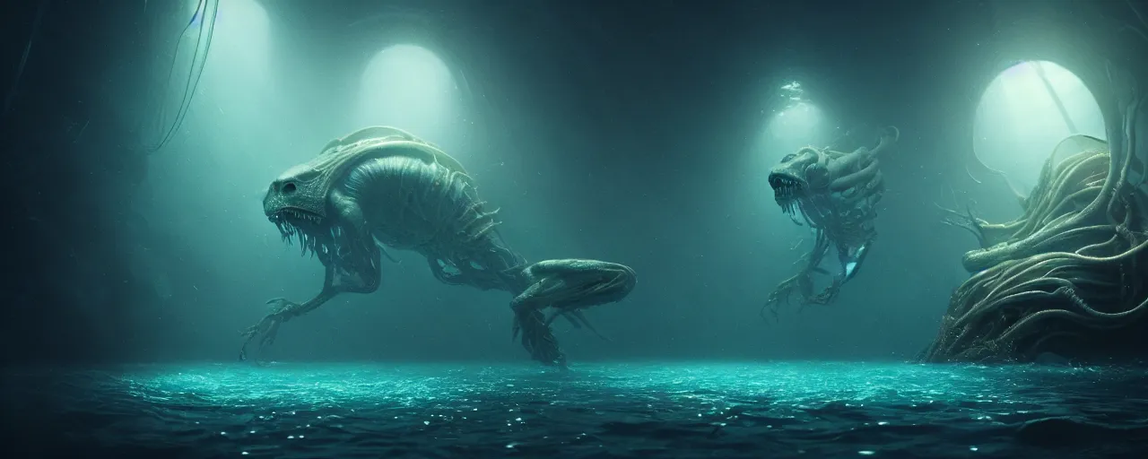 Image similar to ultra realistic horror photo of a dimly lit alien creature underwater, very intricate details, focus, full frame image, artwork by tooth wu and wlop and beeple and greg rutkowski, award winning