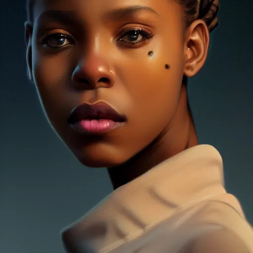 Image similar to a photorealistic hyperrealistic, bright brown eyes, light skinned african young girl, ponytail hair, flawless face, beautiful eyes, cute face, black turtle neck shirt, by wlop, artgerm, greg rutwoski, alphonse mucha, beautiful dynamic dramatic low - light moody lighting, cinematic atmosphere, artstation, concept design art, octane render, 8 k