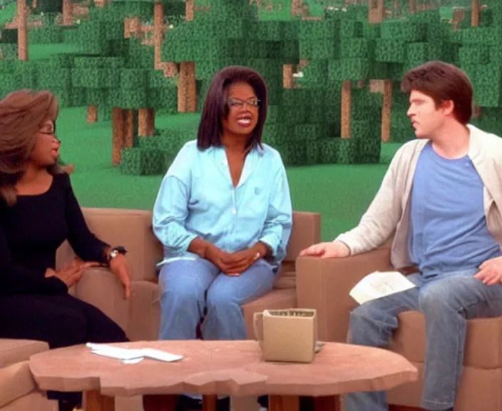 Prompt: Steve from Minecraft being interviewed by Oprah on the Oprah Show in 1997