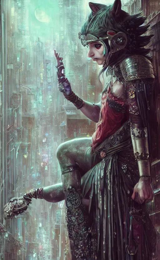 Image similar to hyper realistic Princess Mononoke, ornate mask magic, wet market street, cyberpunk metropolis, city landscape, jewels, full body pose, full moon, wolf by her side, style of tom bagshaw, mucha, james gurney, norman rockwell, denoised, sharp