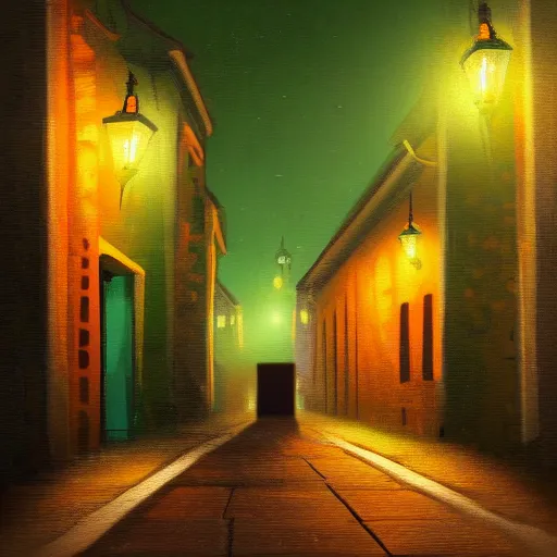 Image similar to a cute orange tabby cat with green on an old street, it is night and raining, street lamps are illuminating the street, moody lighting, peaceful atmosphere, digital art, highly detailed, high contrast, beautiful lighting, award winning, trending on art station, 8 k,