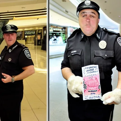 Prompt: weird al yankovich mall cop finds counterfeit good and sniffs vanilla seeds, photograph, news report