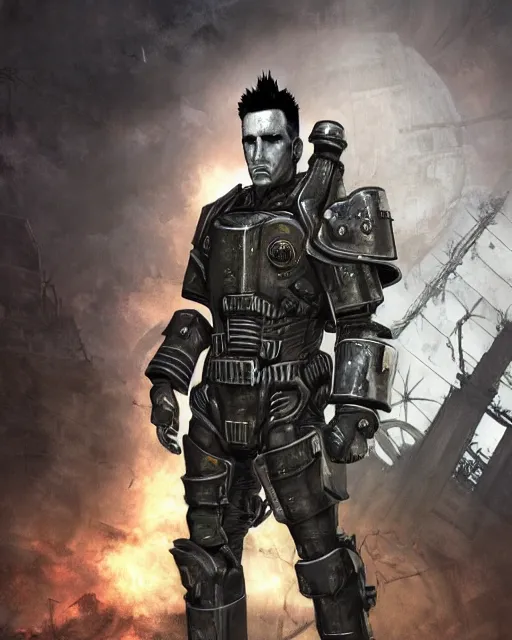 Image similar to An epic fantasy comic book style portrait painting of a very imposing Industrial goth Trent Reznor in Fallout 4 (Xbox One X), character design by Mark Ryden and Pixar and Hayao Miyazaki, unreal 5, DAZ, hyperrealistic, octane render, cosplay, RPG portrait, dynamic lighting, intricate detail, cinematic 4K