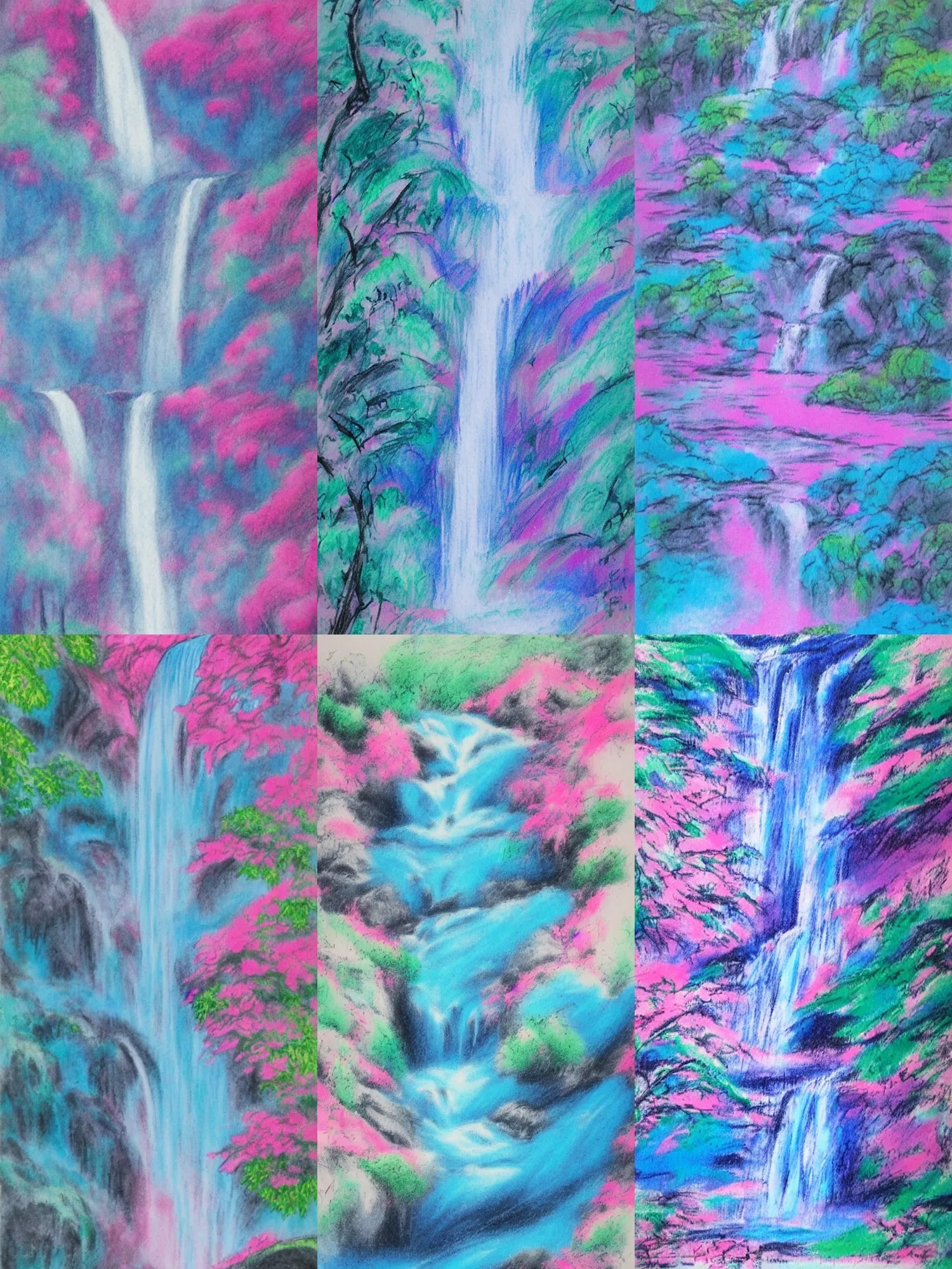 Prompt: an endless waterfall, blue and pink colour splash, painted with pastels, detailed sumi-e illustration