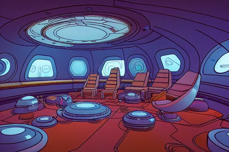 Prompt: a photograph of a space ship interior set design in a world inspired by jean giraud moebius and geoff darrow