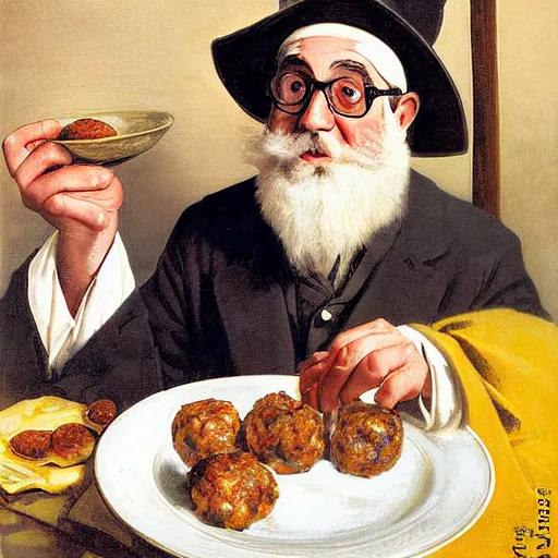 Prompt: a funny looking rabbi with thick glasses holding a plate of meatballs by j. c. leyendecker 8 k