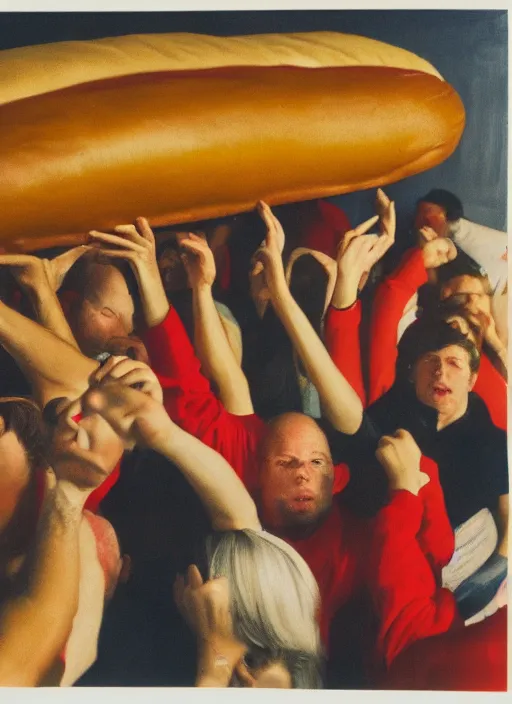 Image similar to crowd of tired citizens together carrying a giant hotdog over their heads, DSLR 35mm, by Edward Hopper