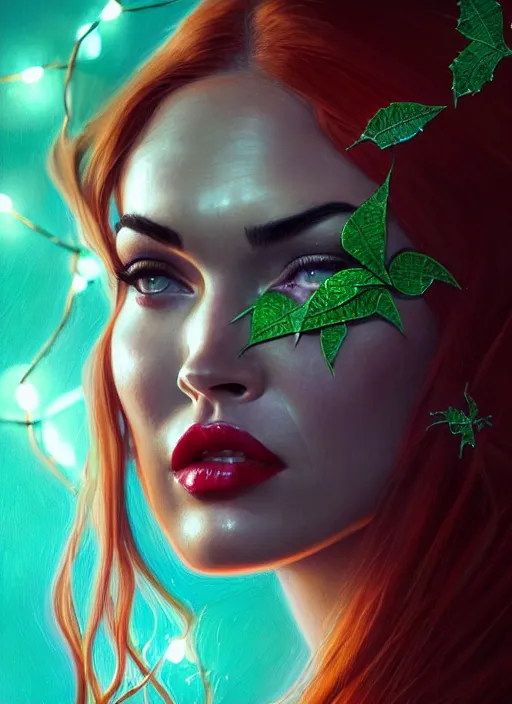 Image similar to portrait of megan fox as poison ivy, intricate, elegant, glowing lights, highly detailed, digital painting, artstation, glamor pose, concept art, smooth, sharp focus, illustration, art by artgerm and greg rutkowski, artey freytag