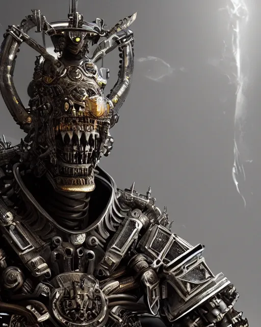 Prompt: a highly detailed matte painting portrait of a mechanical demon priest wearing a massive ornate headdress made of realistic metal and sci fi armor, art deco, cinematic lighting, smooth, dark sci fi, unreal engine, octane render, by blizzard studios, golden rule, rule of thirds, fibonacci sequence, fog volumes, cgsociety