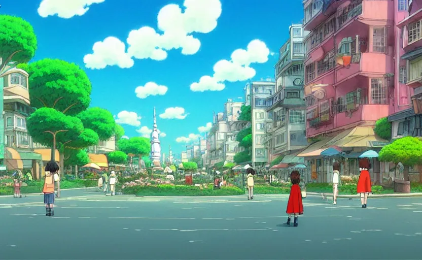 Prompt: a realistic cell - shaded studio ghibli concept art from paprika ( 2 0 0 6 ) of a colorful dreamy city in a liminal field with a fake sky. very dull colors, hd, 4 k, hq