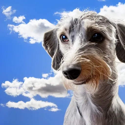 Image similar to stock photo of an elderly, light gray wire-haired dachshund floating in heaven, blue sky, white clouds