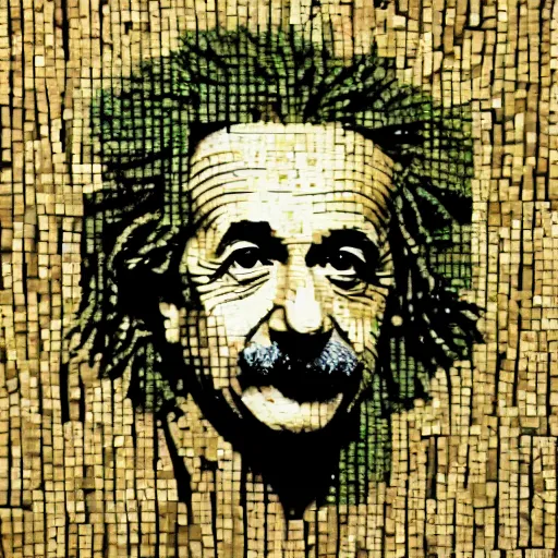 Image similar to portrait of albert einstein made of avocado slices, beautiful photo, arranged on a wooden table