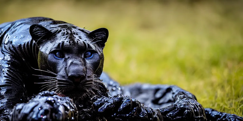 Image similar to a panther, made of ferrofluid, bathing inside the tar pit, full of goo, covered with ferrofluid. dslr, photography, realism, animal photography, color, savanna, wildlife photography