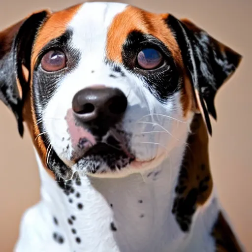 Image similar to dog with white fur with black spots and a brown beagle face