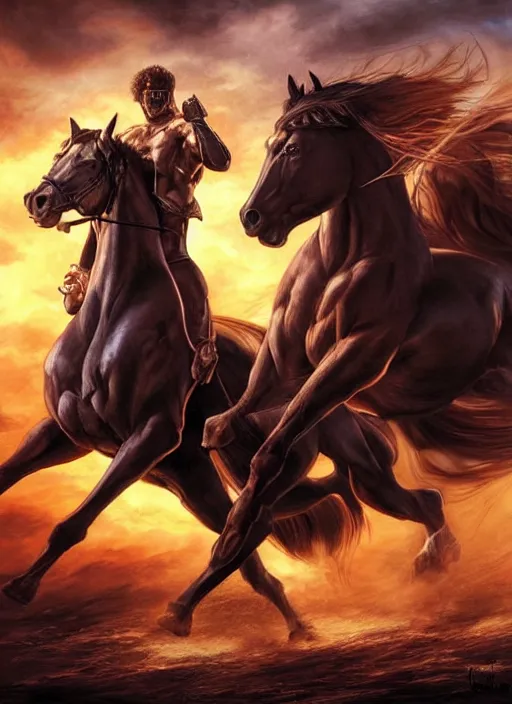 Image similar to the singular horseman of the apocalypse is riding a strong black stallion, horse is up on its hind legs, the strong male rider is carrying the scales of justice, beautiful artwork by artgerm and rutkowski, breathtaking, beautifully lit, dramatic