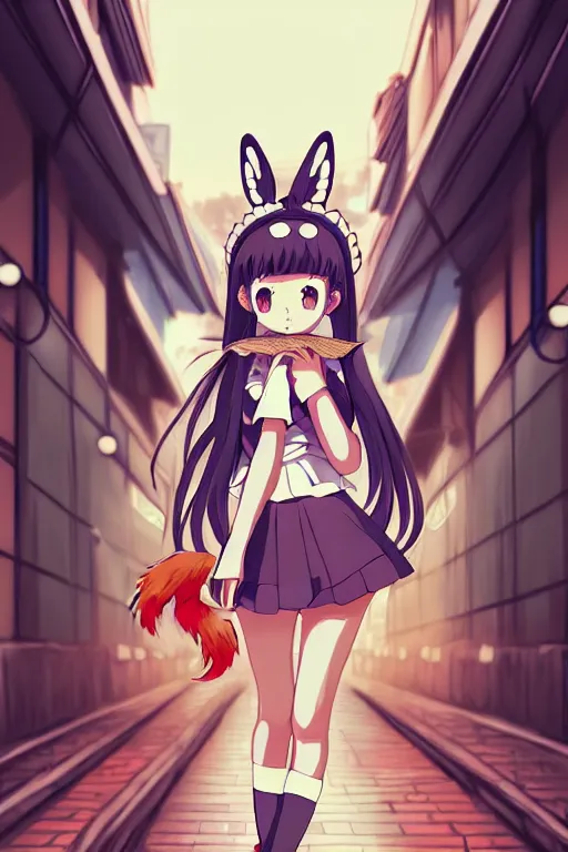 Image similar to digital art, centered full body of an anime school girl with fox headdress walking in Tokyo streets, intricate artwork, studio Ghibli, charachter design, smooth, trending on artstation,