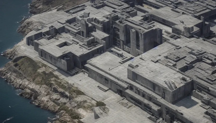 Image similar to big brutalist imperial military base on cliffs, drawing architecture, very long shot, top angle, imperial architecture in rogue one, pritzker architecture prize, brutalism architecture, jan urschel, roger deakins