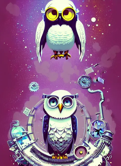 Image similar to anthropomorphic wise wealthy white - owl travels through time via steampunk portals, pixiv fanbox, dramatic lighting, maximalist pastel color palette, splatter paint, pixar and disney exploded - view drawing, graphic novel by fiona staples and dustin nguyen, peter elson, alan bean, wangechi mutu, clean cel shaded vector art, trending on artstation