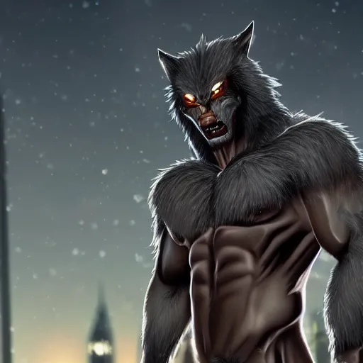 Image similar to muscular werewolf, anime, grey fur, city background, night lights, field of depth, bokeh, award-winning photorealistic uhd 8k