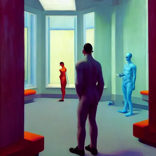 Image similar to Inside a mirror room, very coherent, painted by Edward Hopper, Wayne Barlowe, painted by James Gilleard, airbrush, art by JamesJean