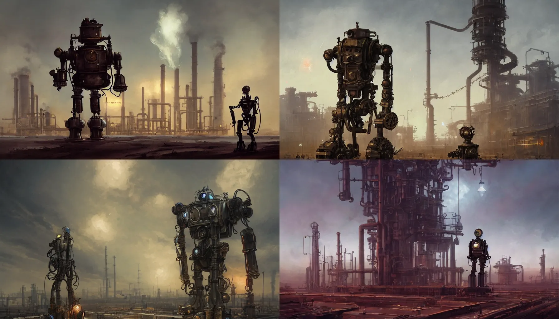 Prompt: steampunk robot standing before chemical plant, cinematic lighting, highly detailed, digital painting, artstation, concept art, smooth, sharp focus, illustration, art by Greg Rutkowski