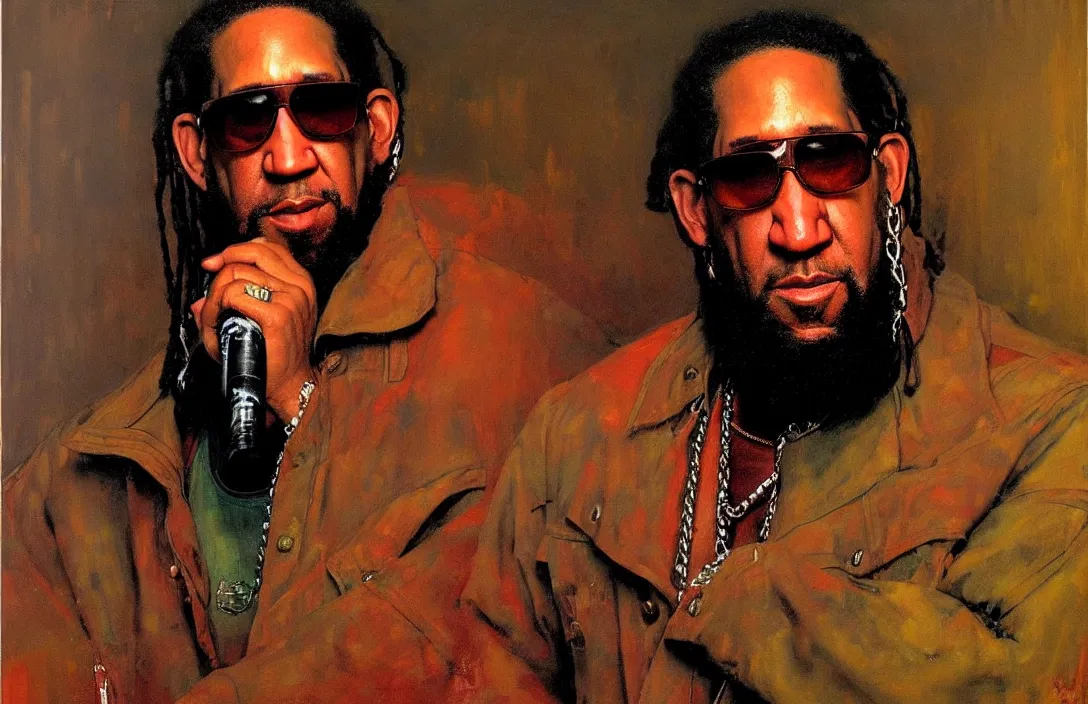 Image similar to portrait of dj kool herc!!!!!!!!!!!!!!!!!!!!!!!!!!!, detailed face, detailed painting, epic lighting, by ilya repin, phil hale and kent williams