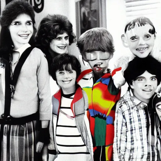 Image similar to still from 1983 children's tv show about humans in a colorful cult