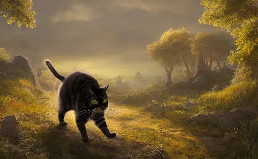 Image similar to a cat wearing a small satchel on an epic quest strolling through the landscape. painting, fantasy, fur shader, dramatic lighting, dawn, 8 k, sharp focus, global illumination, paid artwork, portfolio, detailed and intricate environment