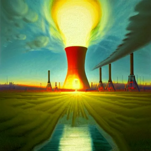 Image similar to A nuclear power plant in utopia by Simon Stålenhag and J.M.W. Turner, oil on canvas; Nuclear Fallout, Art Directio by Adam Adamowicz