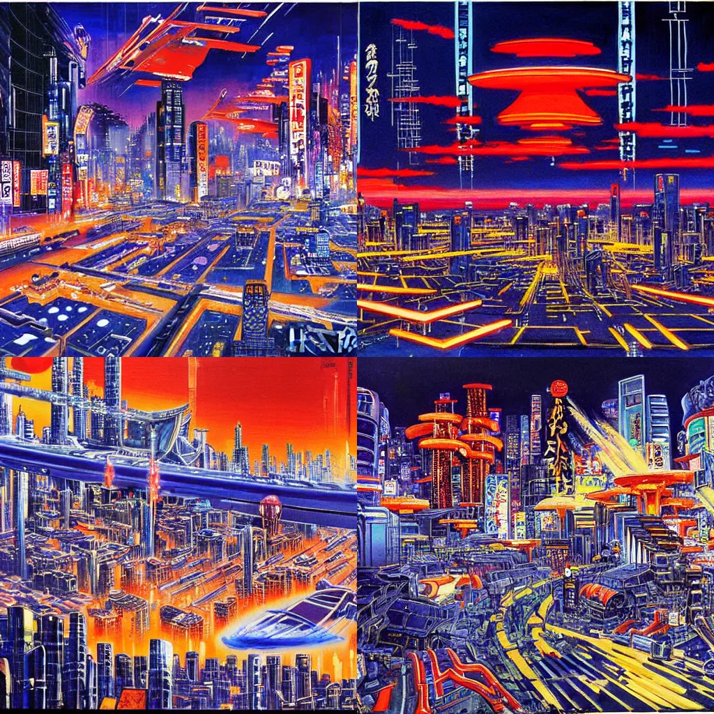 Prompt: Neo Tokyo, a painting by Robert McCall