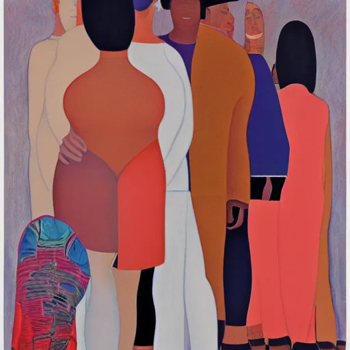 Image similar to soft, curvaceous by mati klarwein, by marsden hartley, by tatsuro kiuchi. a beautiful experimental art of a group of people standing in a line. they are all facing the same direction & appear to be waiting for something.