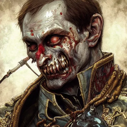 Prompt: zombie Putin in Kremlin, fantasy, intricate, highly detailed, digital painting, artstation, concept art, smooth, sharp focus, illustration, art by artgerm and greg rutkowski and alphonse mucha