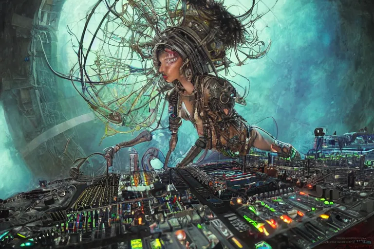 Image similar to a fisheye lens photo of a post apocalyptic tribal cyborg dj goddess tweaking and playing synthesizers in the most complicated and technical spiral fractal musical studio, powerful, cinematic, beautifully lit, by donato giancola, by artgerm, by karol bak, 3 d, perfect face and body, trending on artstation, octane render, 8 k