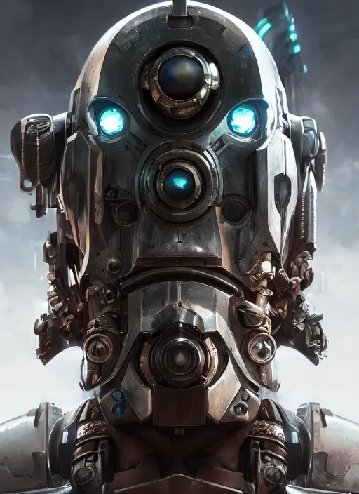 Image similar to hyper realistic portrait of warhammer android machine symmetric cinematic, chaos marine, artstation, cgsociety, full head, greg rutkowski, james gurney, mignola, craig mullins, brom