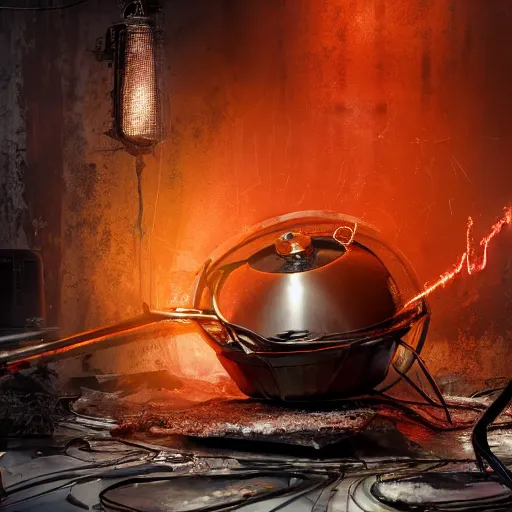 Image similar to red hot frying pan with bacon, tangles of metallic cables, dark messy smoke - filled cluttered workshop, dark, dramatic lighting, orange tint, sparks, plasma charges, cinematic, highly detailed, sci - fi, futuristic, movie still