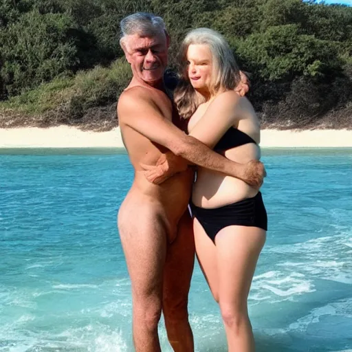 Image similar to photo of a 7 0 year old man that looks young for his age dating a very attractive and completely legal 1 8 year old woman wearing a bikini.