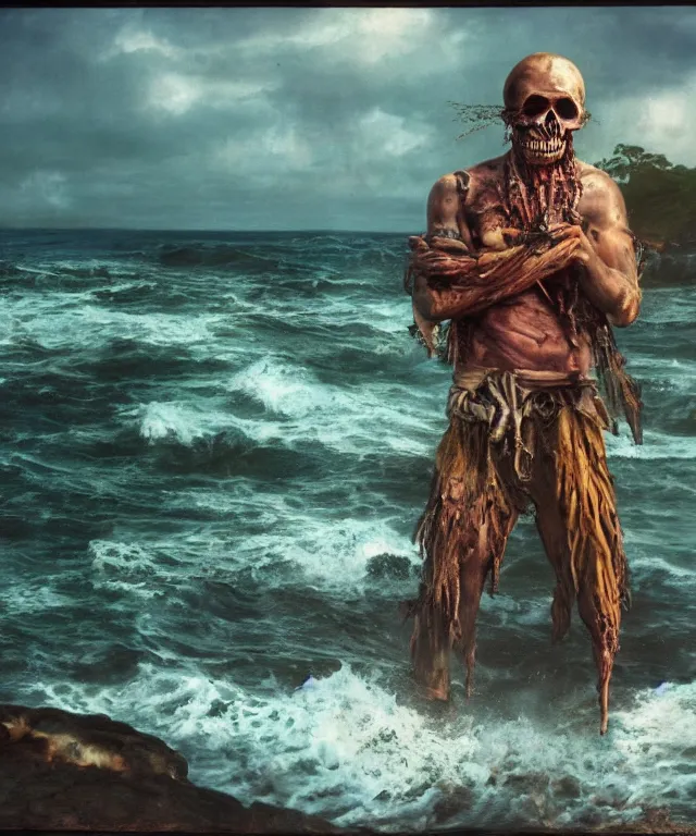 Image similar to ultra realistic color photo of an undead pirate with the ocean in the background on a tropical shore, dark, painted, brooding, atmospheric, seascape, lovecraft, horror, smooth, epic, highly detailed, cinematic, annie lebowitz