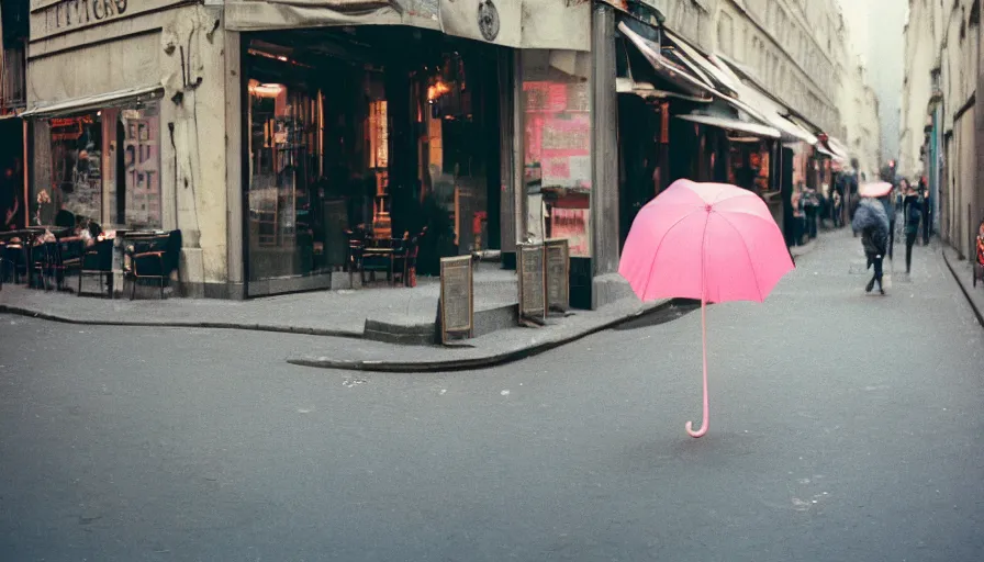 Prompt: street of paris photography, a pink umbrella on the floor, cinestill 8 0 0 t, in the style of william eggleston