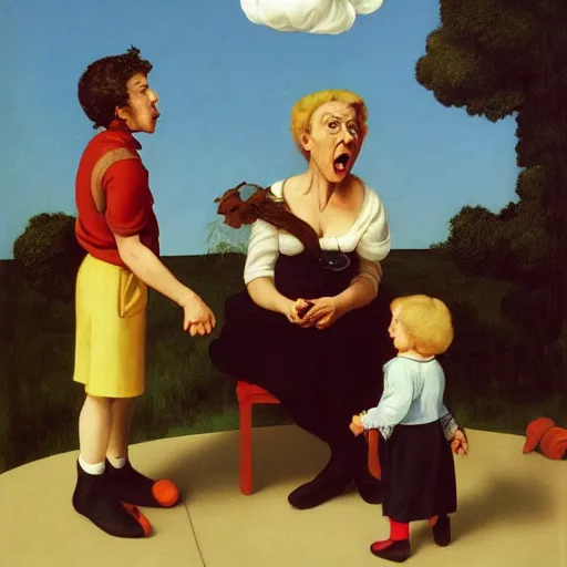 Image similar to a batshit crazy old woman yelling at the kids by Raphael, Hopper, and Rene Magritte. detailed, romantic, enchanting, trending on artstation.