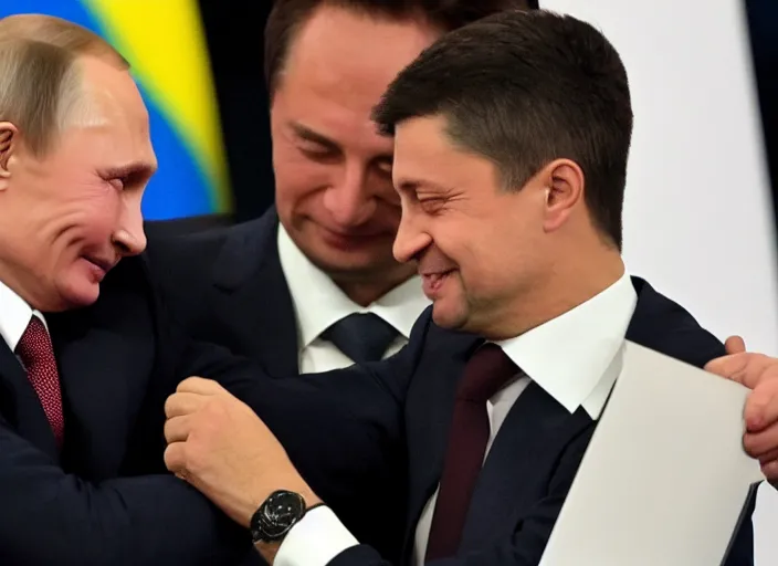 Prompt: Vladimir Putin and Volodymyr Zelensky hugging each other after signing the peace treaty