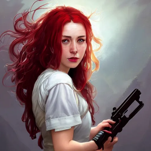 Prompt: Epic portrait, female nurse in a white dress and short sleeves holding an assault rifle, gloves, red hair, glossy lips, pretty, fantasy, intricate, elegant, highly detailed, D&D, digital painting, artstation, concept art, matte painting, sharp focus, illustration, in the style of Greg Rutkowski and Alphonse Mucha and artemisia, 8k,