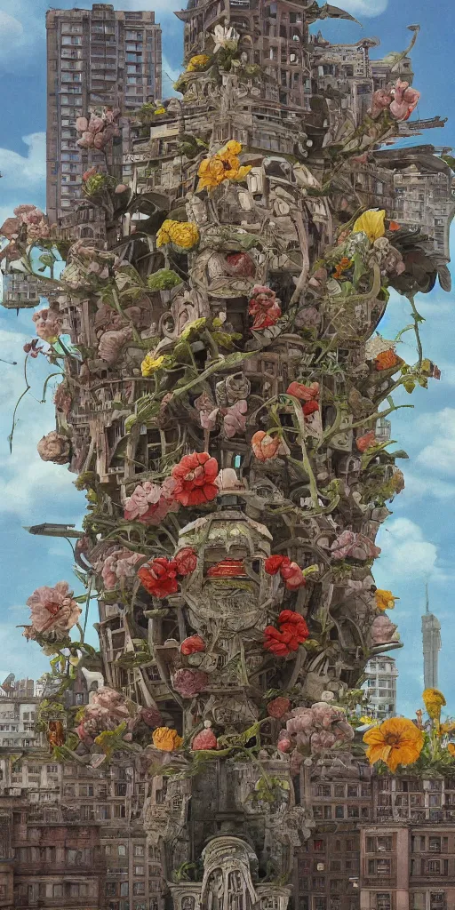 Prompt: colossal grotesque flower in the middle of abandoned early soviet constructivist cityscape, Stalinist architecture, ultradetailed by Hayao Miyazaki and Josan Gonzalez and Makoto Shinkai and Giuseppe Arcimboldo and Wes Anderson