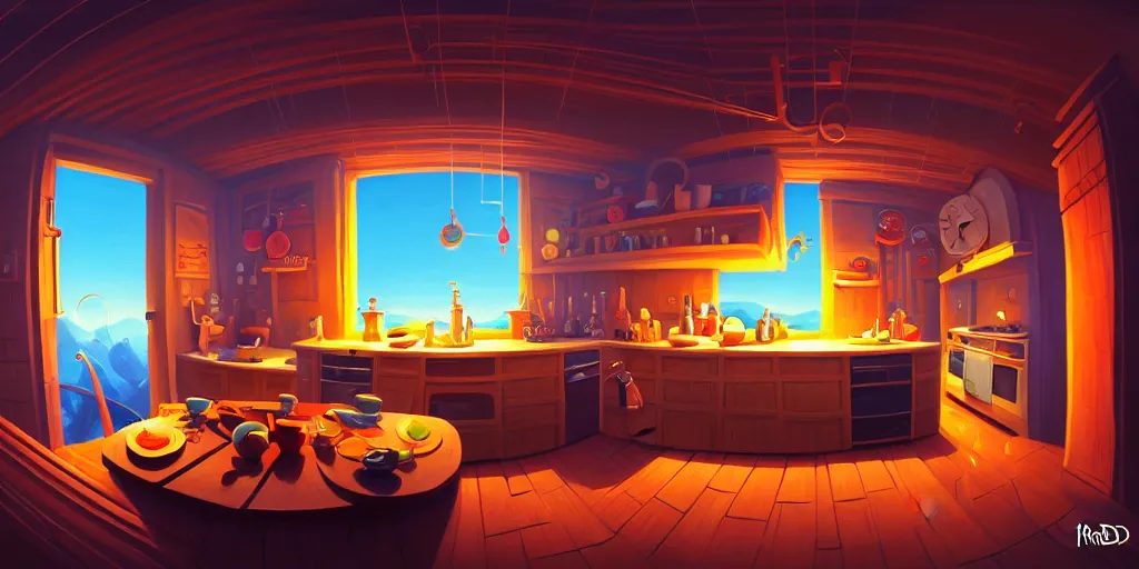 Image similar to spiral lines, naive nerikomi, weird perspective, extra narrow, detailed illustration of a kitchen dim lit by flashlight in a scenic spiral environment by rhads from lorax movie, trending artstation, true color, fisheye