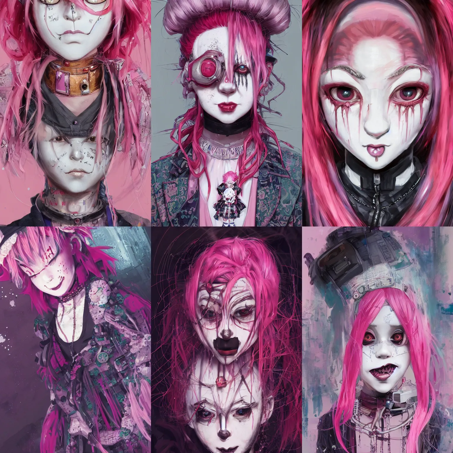 Prompt: by kyoto animation, very creepy clown girl pink hair, wearing cyberpunk intricate streetwear, beautiful, detailed portrait, intricate complexity, ilya kuvshinov, cell shaded, 4 k, concept art, by wlop, ilya kuvshinov, artgerm, krenz cushart, greg rutkowski, sharp focus, volumetric lighting, cinematic lighting, studio quality