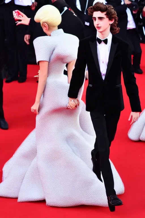 Image similar to timothee chalamet and lady gaga holding hands on the red carpet, beautiful detailed faces, canon eos