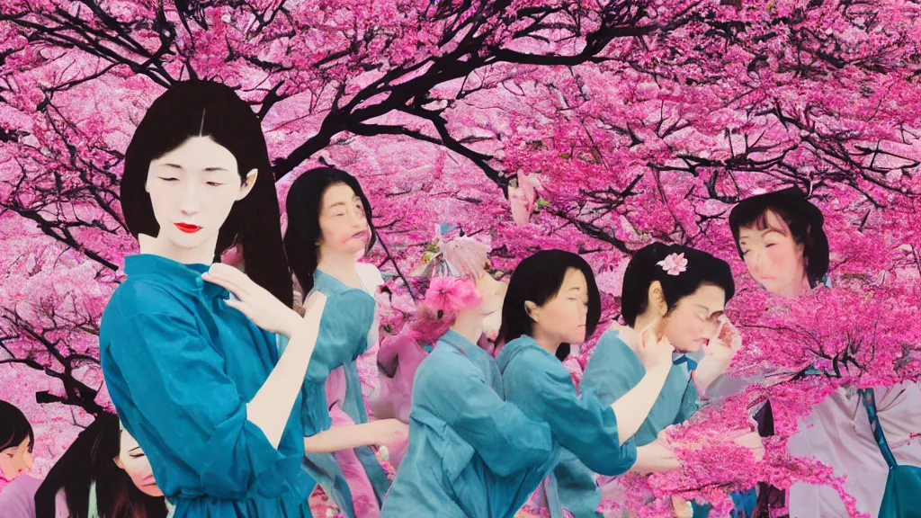 Image similar to close - up of a young pretty woman in a small group of people, a flower viewing picnic sakura, japan, a collage painting, in the style of wes anderson, lola dupre, david hockney, isolated on negative white space background dark monochrome neon fluorescent spraypaint accents volumetric octane render