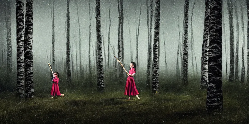 Prompt: young girl playing flute in the middle of a birch forest during a storm at night, lightning dragons race down toward her, low angle facing sky, cinematic, dramatic lighting, high contrast