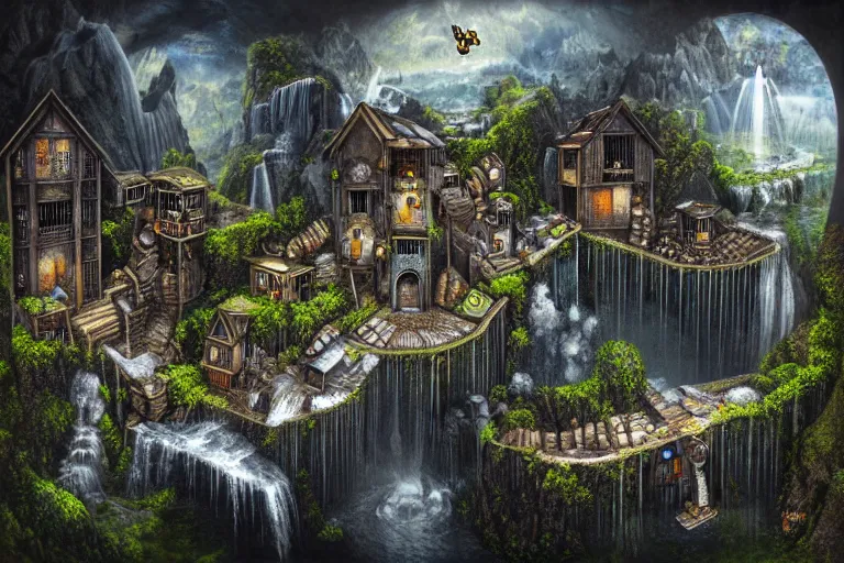 Prompt: gothic escher waterfall favela honeybee hive, subconscious environment, industrial factory, award winning art, epic dreamlike fantasy landscape, ultra realistic,