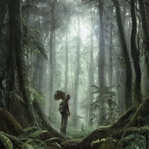 Prompt: a man gets lost in the forest 1 0, 0 0 0 years ago, realistic, high definition, 4 k, shimmering color, hyper detailed, art of greg rutkowski and magali villeneuve and artgerm