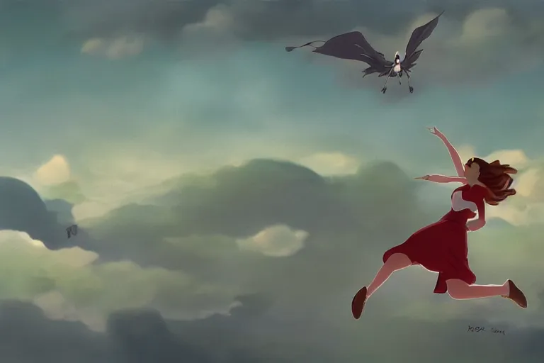 Prompt: A cell animation of girl flying with a bird-shaped white glider over the clowds, Nausicaa of the Valley of the Wind, Miyazaki Hayao, ghibli style, illustration, anime, trending on artstaion